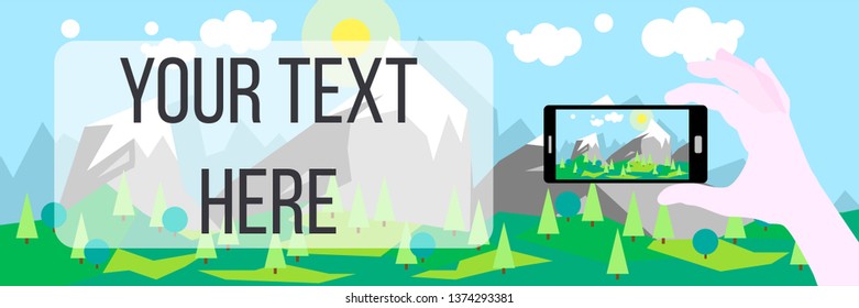Smartphone in hand against the background of the landscape. Mountain landscape. Traveling with a smartphone. Photos on the smartphone. Place for your text.
