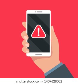 Smartphone in hand with alert, warning notification. Mobile phone holding in hands. Flat style, vector illustration.