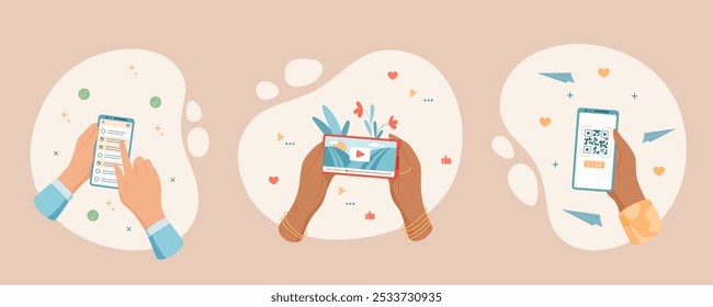 Smartphone in hand with app on screen. Mobile device cartoon set showing digital video, phone app use, and communication. Ideal for showcasing digital media, online interaction, and technology themes.