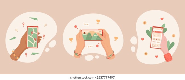 Smartphone na mão com tela de aplicativo, conceito de navegação móvel em desenho animado e estilo plano. Conjunto de ícones para tecnologia, mídia social e comunicação on-line. Ideal para temas de web e design digital,