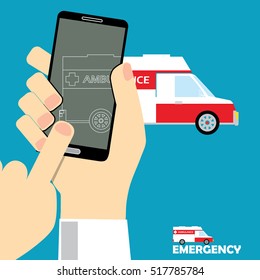 Smartphone in hand with application to call ambulance  flat style