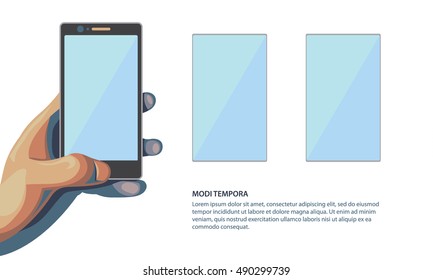 Smartphone in hand. Application Template for presentation your phone with additional screens. Isolated flat style illustration with space for text on white background.