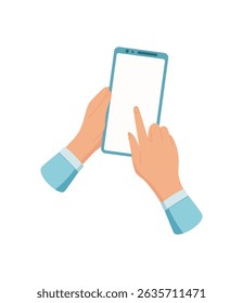 Smartphone in hand with a blank screen. User touches the mobile phone template for app interaction. Simple design offers a clean layout for various digital applications and communication needs.