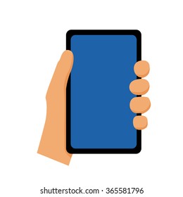 Smartphone in hand.
Caricature. Cartoon. Flat.