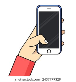 Smartphone in hand. Cartoon hand holding smartphone with blank screen cellphone concept