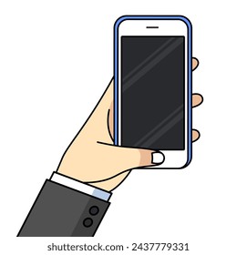 Smartphone in hand. Cartoon hand holding smartphone with blank screen cellphone concept