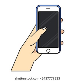 Smartphone in hand. Cartoon hand holding smartphone with blank screen cellphone concept