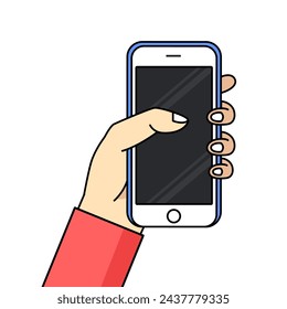 Smartphone in hand. Cartoon hand holding smartphone with blank screen cellphone concept