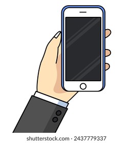 Smartphone in hand. Cartoon hand holding smartphone with blank screen cellphone concept