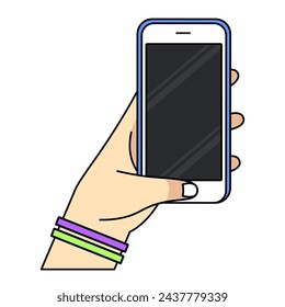 Smartphone in hand. Cartoon hand holding smartphone with blank screen cellphone concept