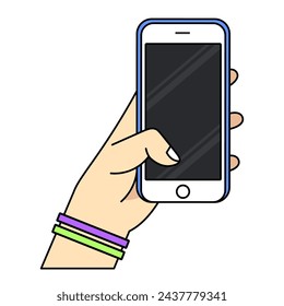 Smartphone in hand. Cartoon hand holding smartphone with blank screen cellphone concept