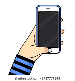 Smartphone in hand. Cartoon hand holding smartphone with blank screen cellphone concept