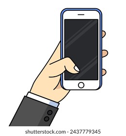 Smartphone in hand. Cartoon hand holding smartphone with blank screen cellphone concept