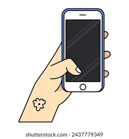 Smartphone in hand. Cartoon hand holding smartphone with blank screen cellphone concept