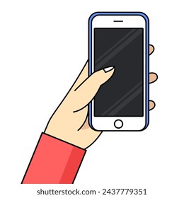 Smartphone in hand. Cartoon hand holding smartphone with blank screen cellphone concept