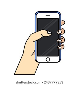 Smartphone in hand. Cartoon hand holding smartphone with blank screen cellphone concept