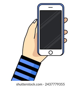 Smartphone in hand. Cartoon hand holding smartphone with blank screen cellphone concept