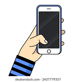 Smartphone in hand. Cartoon hand holding smartphone with blank screen cellphone concept