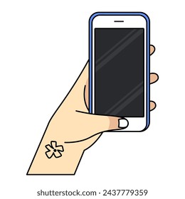 Smartphone in hand. Cartoon hand holding smartphone with blank screen cellphone concept