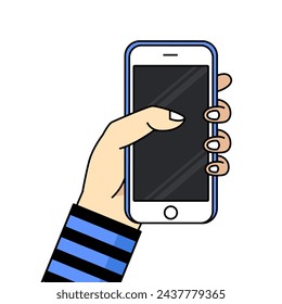 Smartphone in hand. Cartoon hand holding smartphone with blank screen cellphone concept