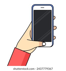 Smartphone in hand. Cartoon hand holding smartphone with blank screen cellphone concept