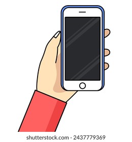 Smartphone in hand. Cartoon hand holding smartphone with blank screen cellphone concept