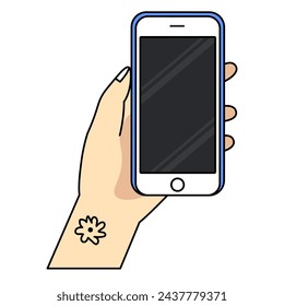 Smartphone in hand. Cartoon hand holding smartphone with blank screen cellphone concept