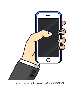 Smartphone in hand. Cartoon hand holding smartphone with blank screen cellphone concept