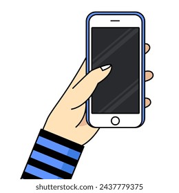 Smartphone in hand. Cartoon hand holding smartphone with blank screen cellphone concept