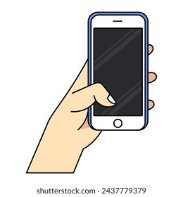 Smartphone in hand. Cartoon hand holding smartphone with blank screen cellphone concept