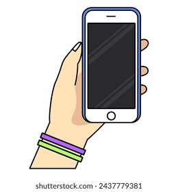 Smartphone in hand. Cartoon hand holding smartphone with blank screen cellphone concept