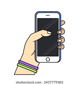 Smartphone in hand. Cartoon hand holding smartphone with blank screen cellphone concept