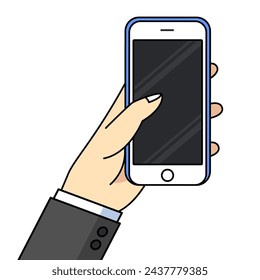 Smartphone in hand. Cartoon hand holding smartphone with blank screen cellphone concept