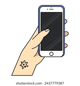 Smartphone in hand. Cartoon hand holding smartphone with blank screen cellphone concept