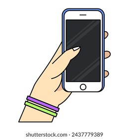 Smartphone in hand. Cartoon hand holding smartphone with blank screen cellphone concept