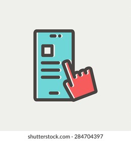 Smartphone and hand checking of work task schedule icon thin line for web and mobile, modern minimalistic flat design. Vector icon with dark grey outline and offset colour on light grey background.