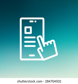 Smartphone and hand checking of work task schedule icon thin line for web and mobile, modern minimalistic flat design. Vector white icon on gradient mesh background.