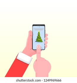 Smartphone hand christmas tree,. Modern flat illustration with smartphone hand on white background. Mobile phone. Smartphone icon vector illustration.