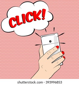 Smartphone in hand. Close-up. Pop art style