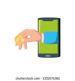 smartphone with hand and coin