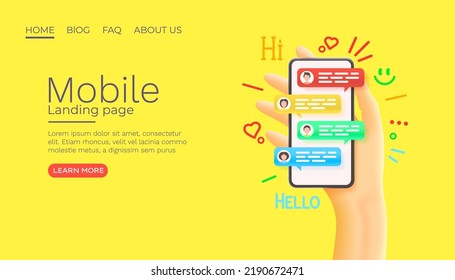Smartphone in hand, communication between people using chat. Vector illustration