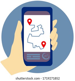 Smartphone in the hand. The concept of navigation two labels on the map in the application. Icon around the clock. Creative vector illustration for your website isolated on white background.EPS 10