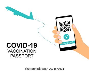 Smartphone in hand with covid vaccination QR code and aircraft. Concept of travel and health. International vaccination Green Pass. Valid certificate passport on the screen. 