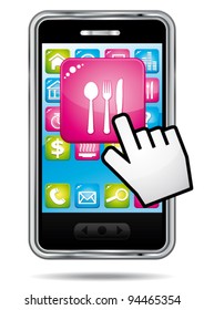 Smartphone with hand cursor opening restaurant application. Vector icon.