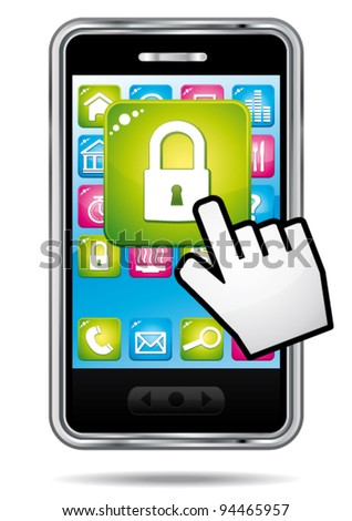 Smartphone with hand cursor opening security app icon. Data protection concept. Vector icon.