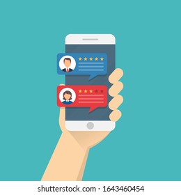 smartphone in hand. customer feedback. rating on mobile phone screen. viewing rating on speech bubbles. crawler comments. vector illustration.10 eps.