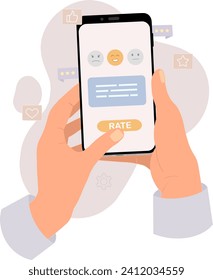 smartphone in hand. customer feedback. rating on mobile phone screen. Customer rate concept with emoji and comment. People giving feedback. Clients leaving different reviews.