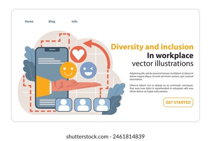 Smartphone in hand displays joyful emoticons, emphasizing the joy of diverse digital communication. Promoting inclusion in virtual workplace interactions. Flat vector illustration