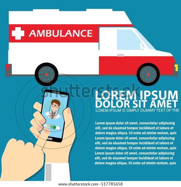 Smartphone in hand with doctor and ambulance car\
behind in flat\
style