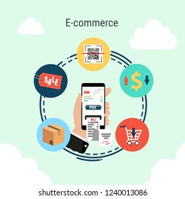 smartphone in hand, e-commerce infographic concept on sky background, vector illustration.